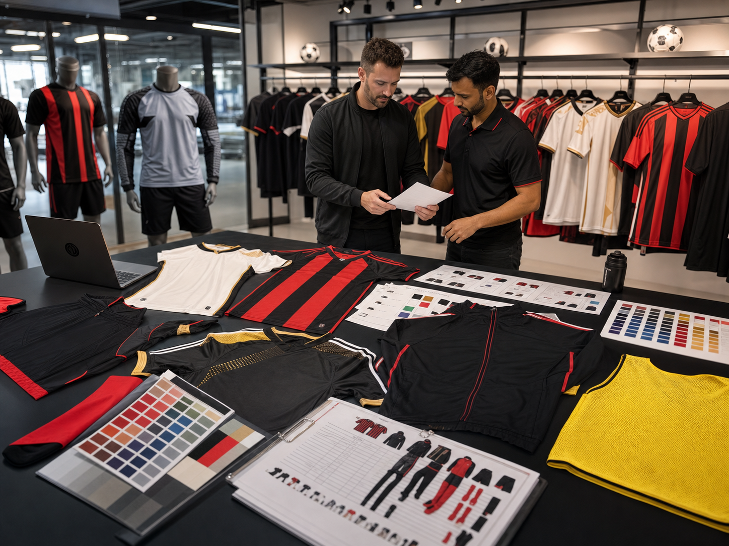 Soccer club buyer reviewing package samples with sportswear production specialist