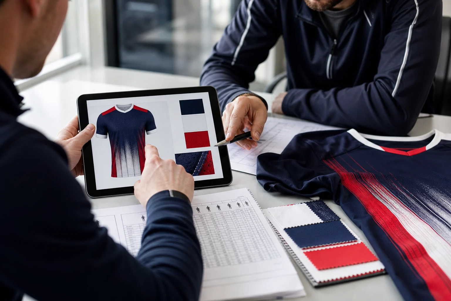 UK football kit buyer reviewing a digital mockup, fabric colours and jersey sample
