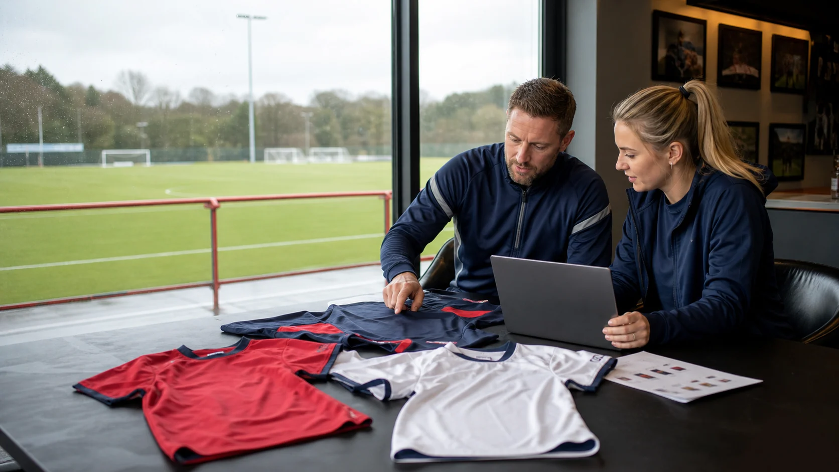 UK football club buyers reviewing custom kit samples and an online order plan