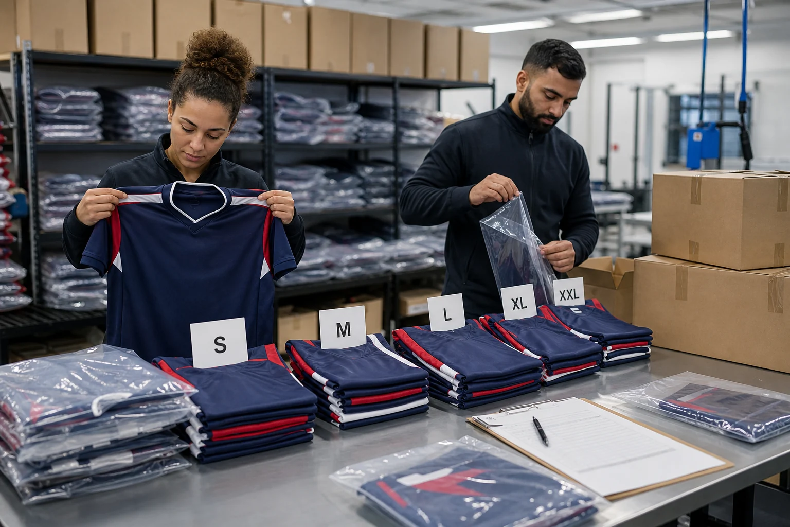Custom UK football teamwear being checked by size and packed for delivery