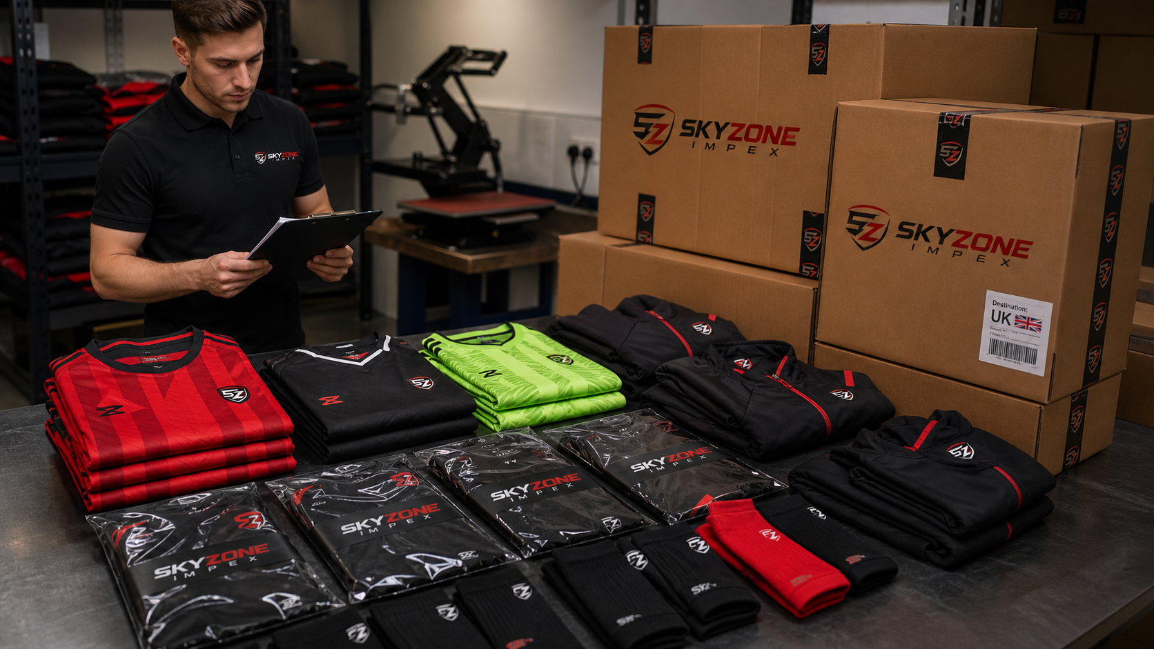 Sky Zone Impex football kits and tracksuits packed for UK club delivery