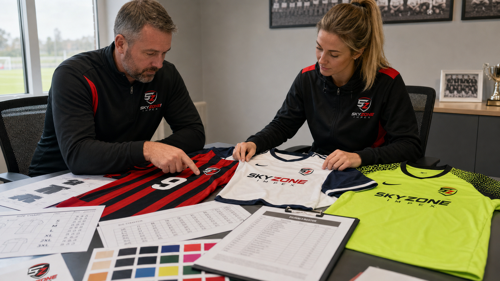 Football club officials approving custom kit artwork and size documents
