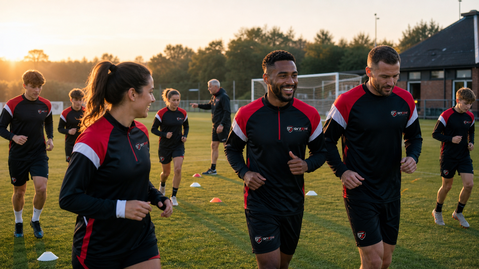 Mixed UK football squad in coordinated pre-season training wear