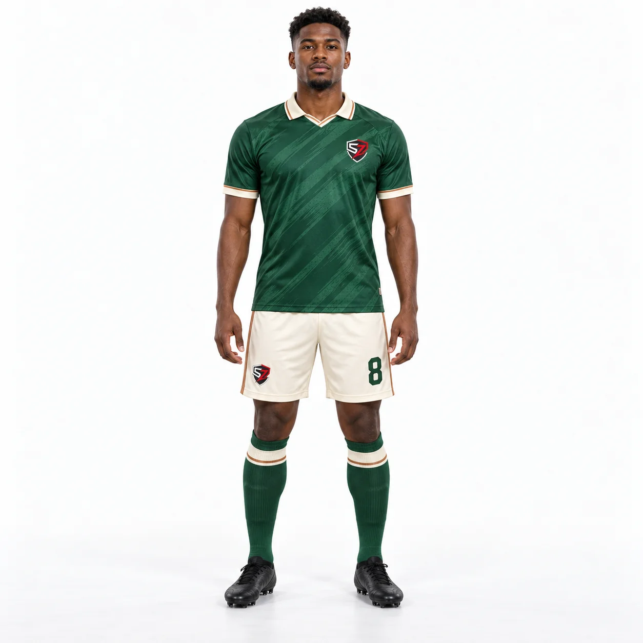 Front view of forest green custom football kit for UK club pre-season orders