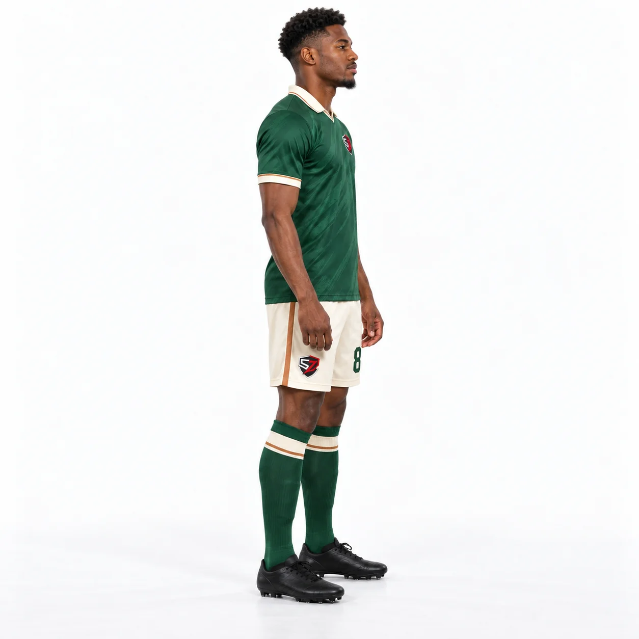 Side view of custom football shirt and shorts fit
