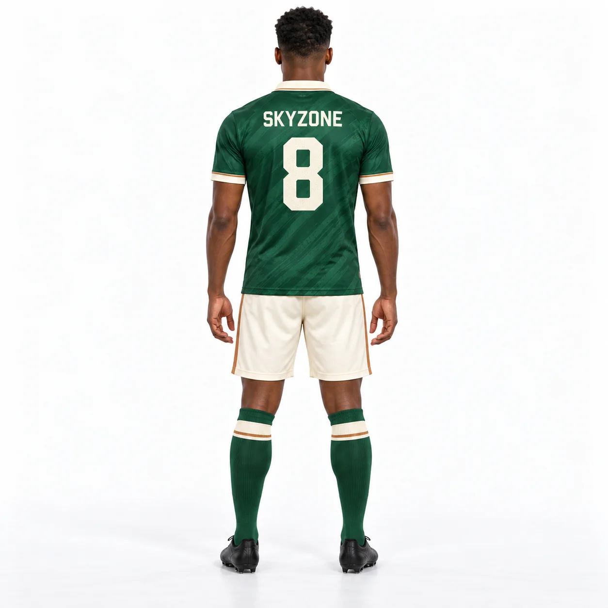 Back view showing personalised Skyzone name and number 8 on a green football shirt
