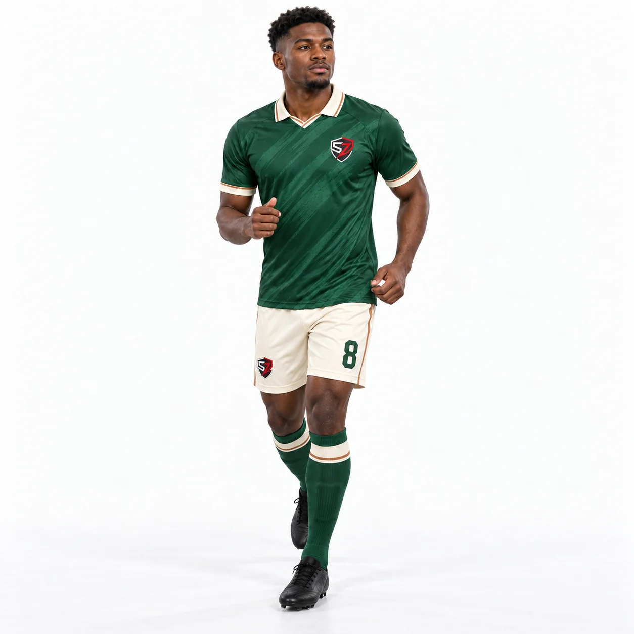 Athletic pose in a custom green football uniform