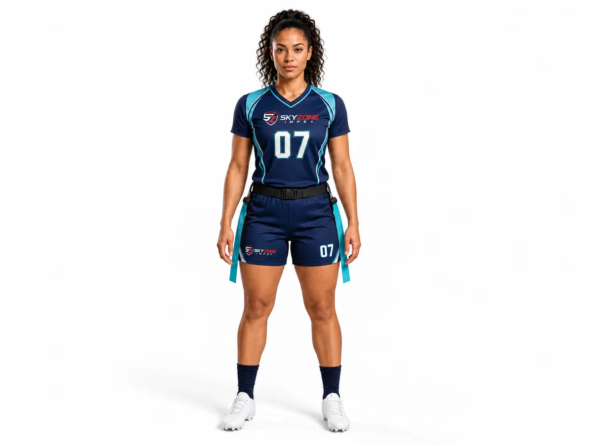Front design preview of Midnight Teal custom women’s flag football uniform