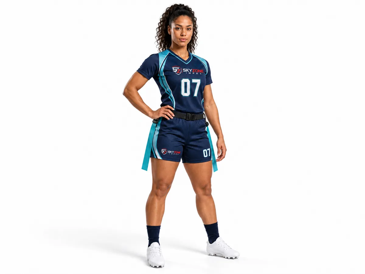 Three-quarter view of navy and teal flag football jersey and shorts set