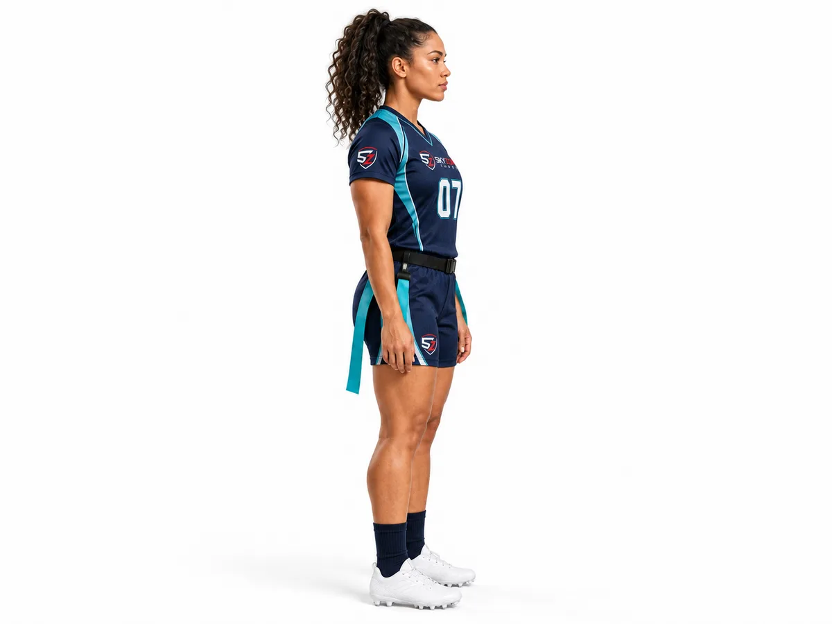 Side profile design preview showing the flag football jersey and shorts fit
