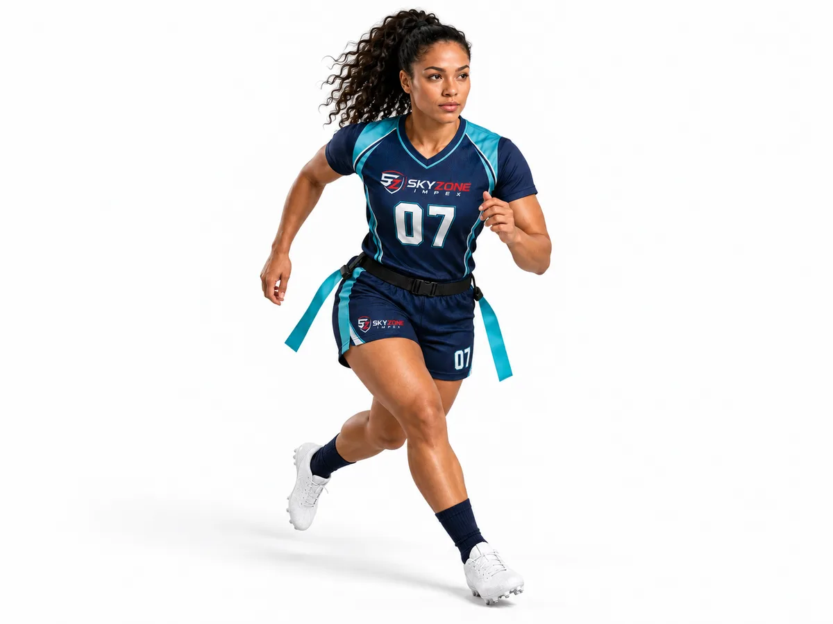 Midnight Teal women’s flag football kit concept in a running pose
