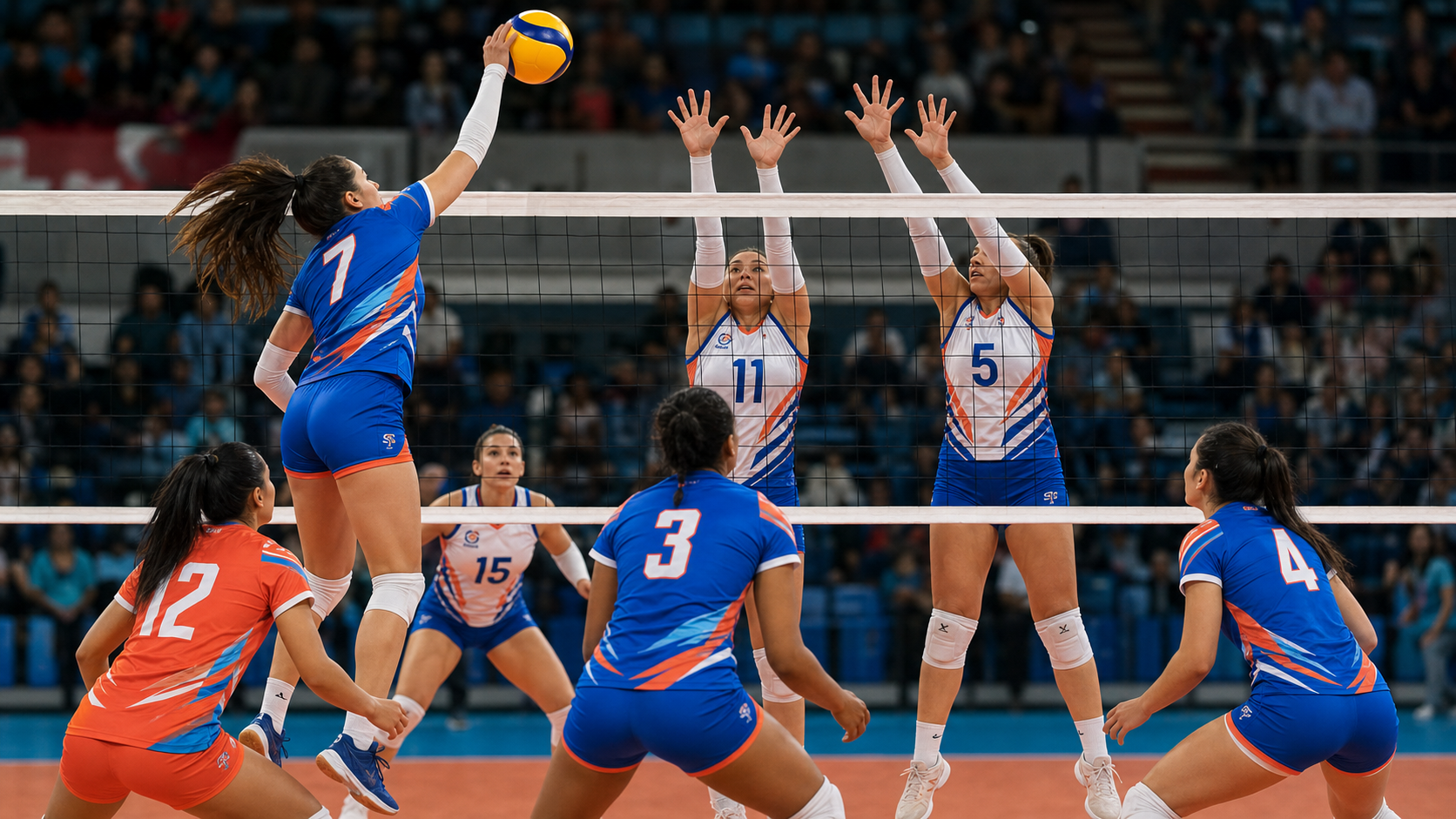 Custom volleyball kits shown during an indoor spike and block