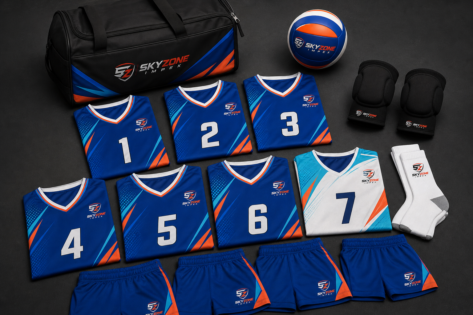 Complete custom volleyball uniform package ready for team distribution
