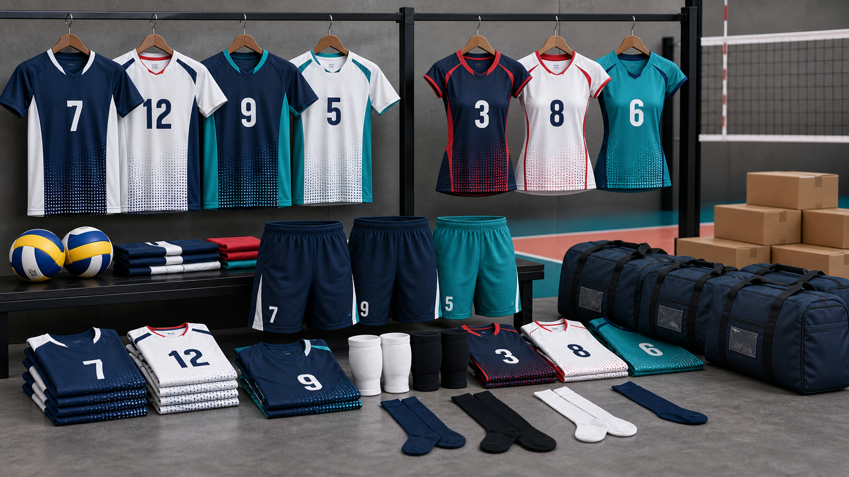 Finished custom volleyball uniforms with jerseys, shorts, socks and team bags ready for delivery