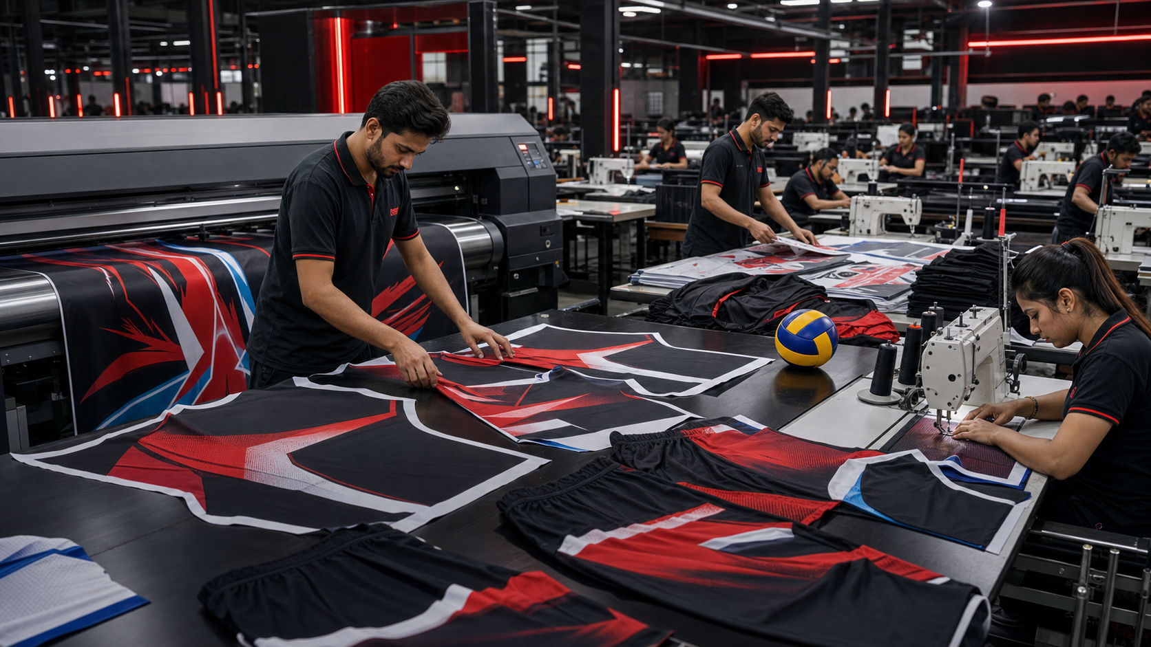 Volleyball uniform sublimation production with printed panels and sewing line