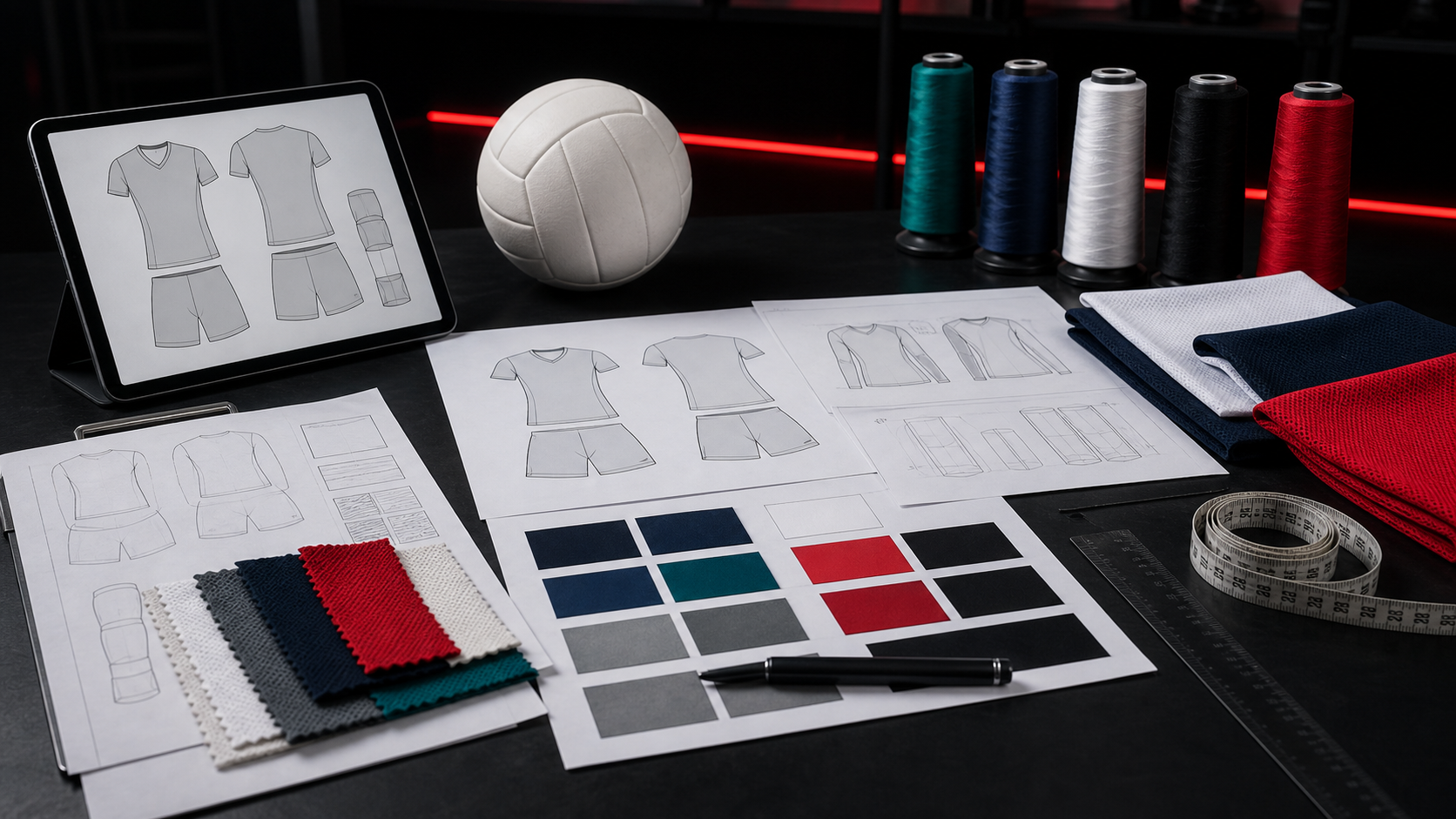 Custom volleyball uniform planning with fabric swatches, sketches, thread colors and volleyball