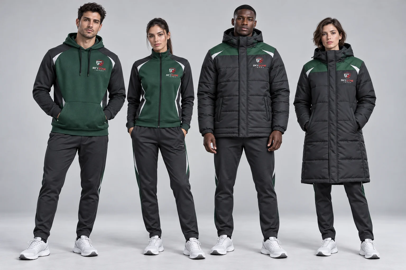Skyzone Impex winter collection front view: hoodie, tracksuit, padded jacket and long coat