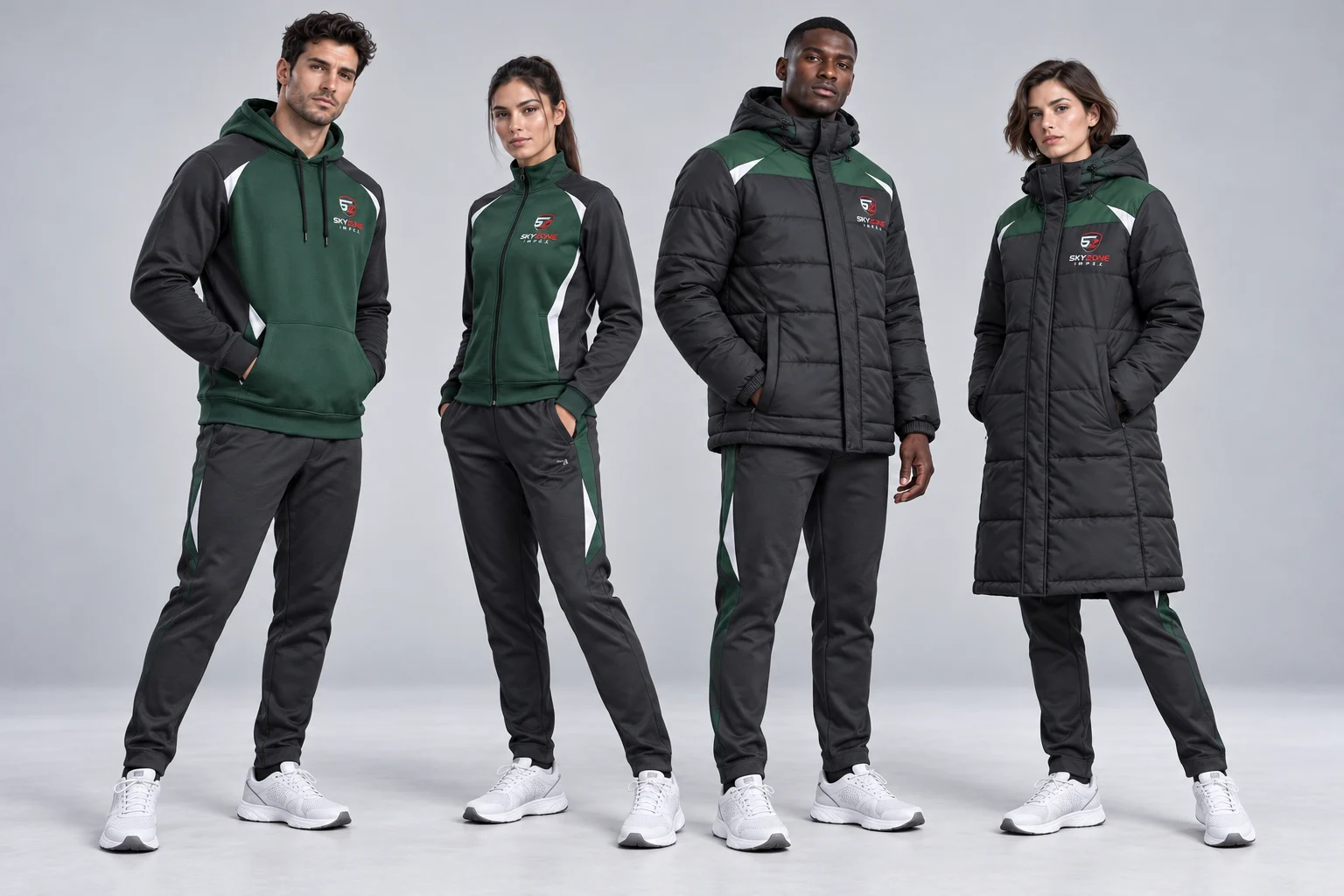 Three-quarter view of forest-green and charcoal custom Skyzone winter teamwear