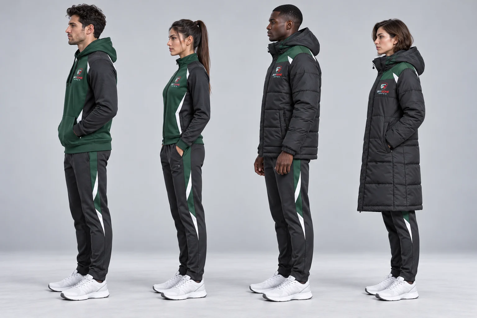 Side view comparing hoodie, tracksuit, hip-length jacket and long team coat