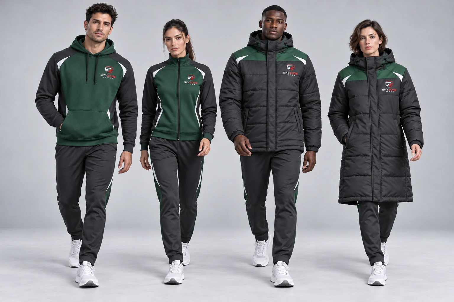 Skyzone branded winter teamwear collection shown in a walking group view