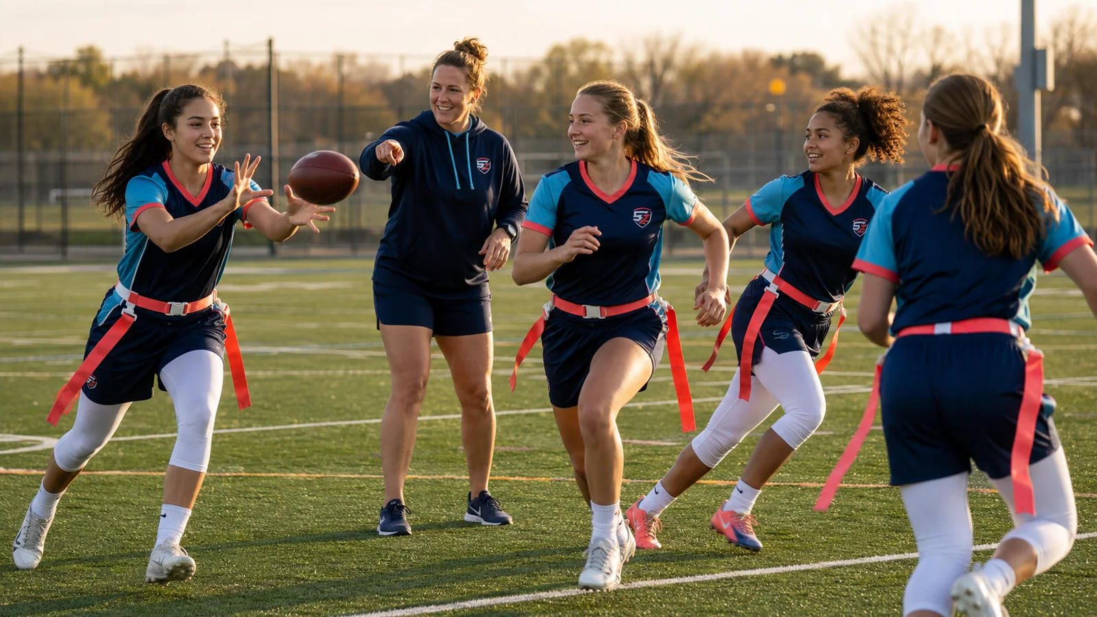 Teen girls practising non-contact flag football in coordinated navy aqua and coral custom uniforms with flag belts