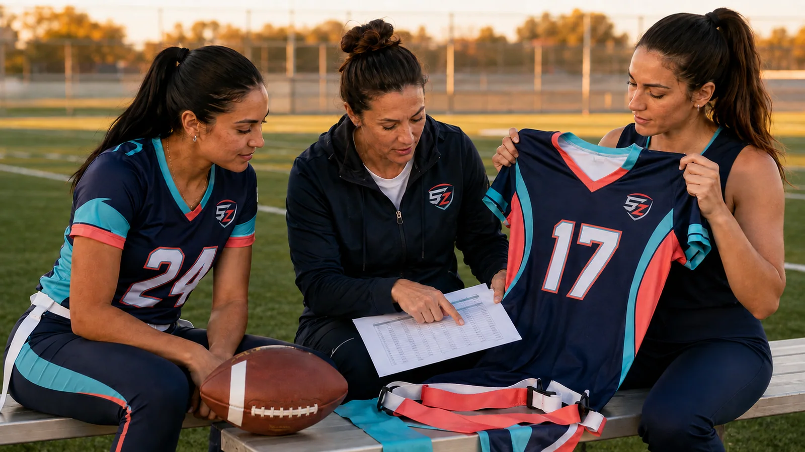 Adult women reviewing a custom flag football jersey size chart flag belt and football before a team order