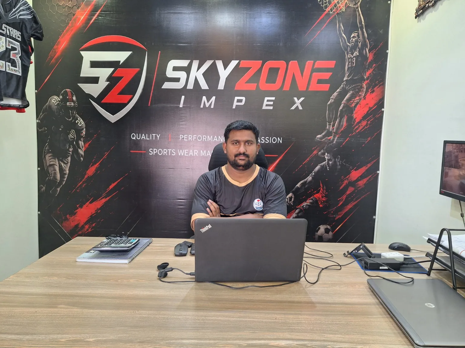 Husnain Maqsood, CEO of Sky Zone Impex, in the company office in Sialkot, Pakistan