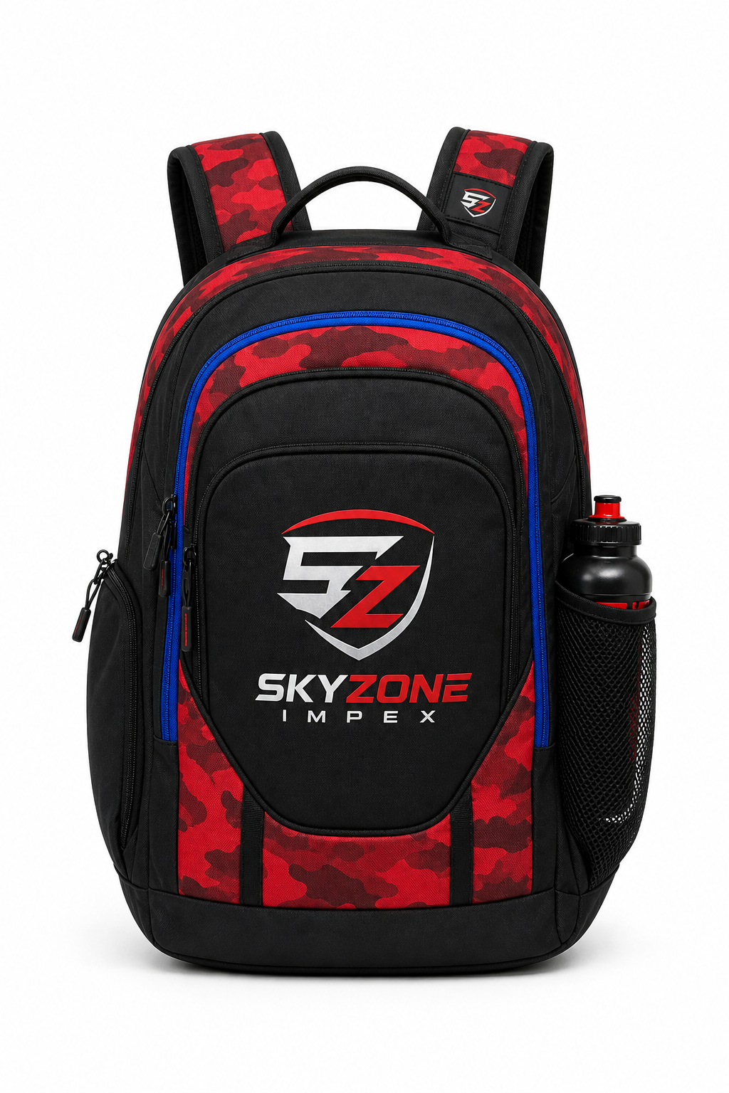 Front product view of custom sports backpack with logo branding