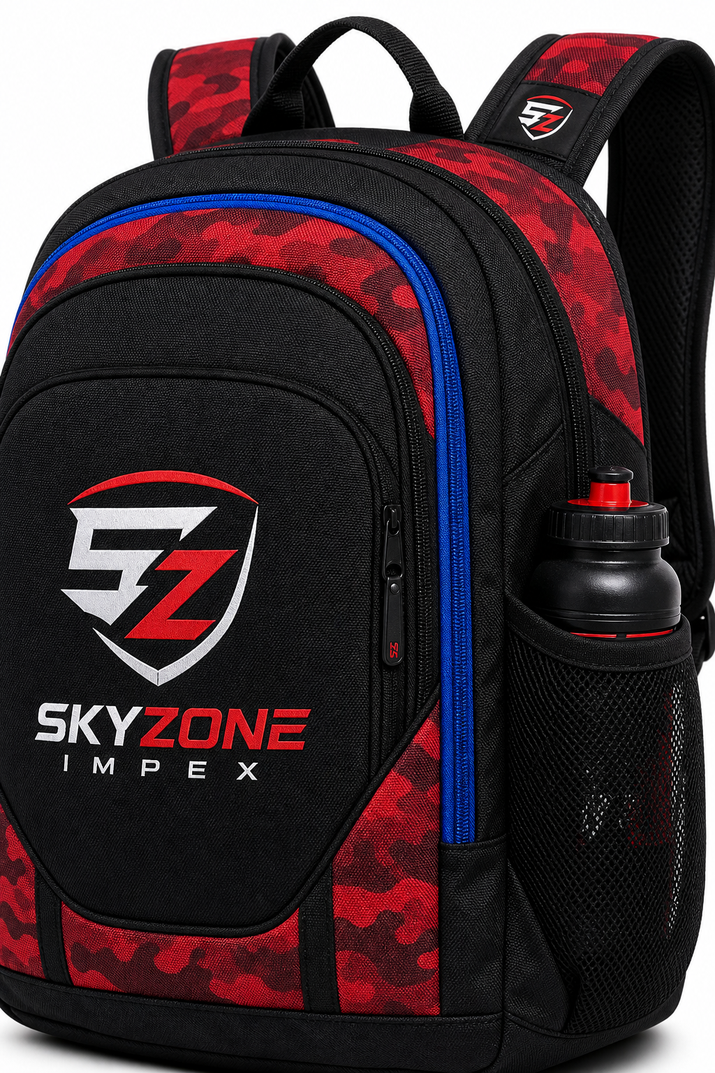 Close-up detail of custom backpack zipper pocket stitching and Skyzone branding