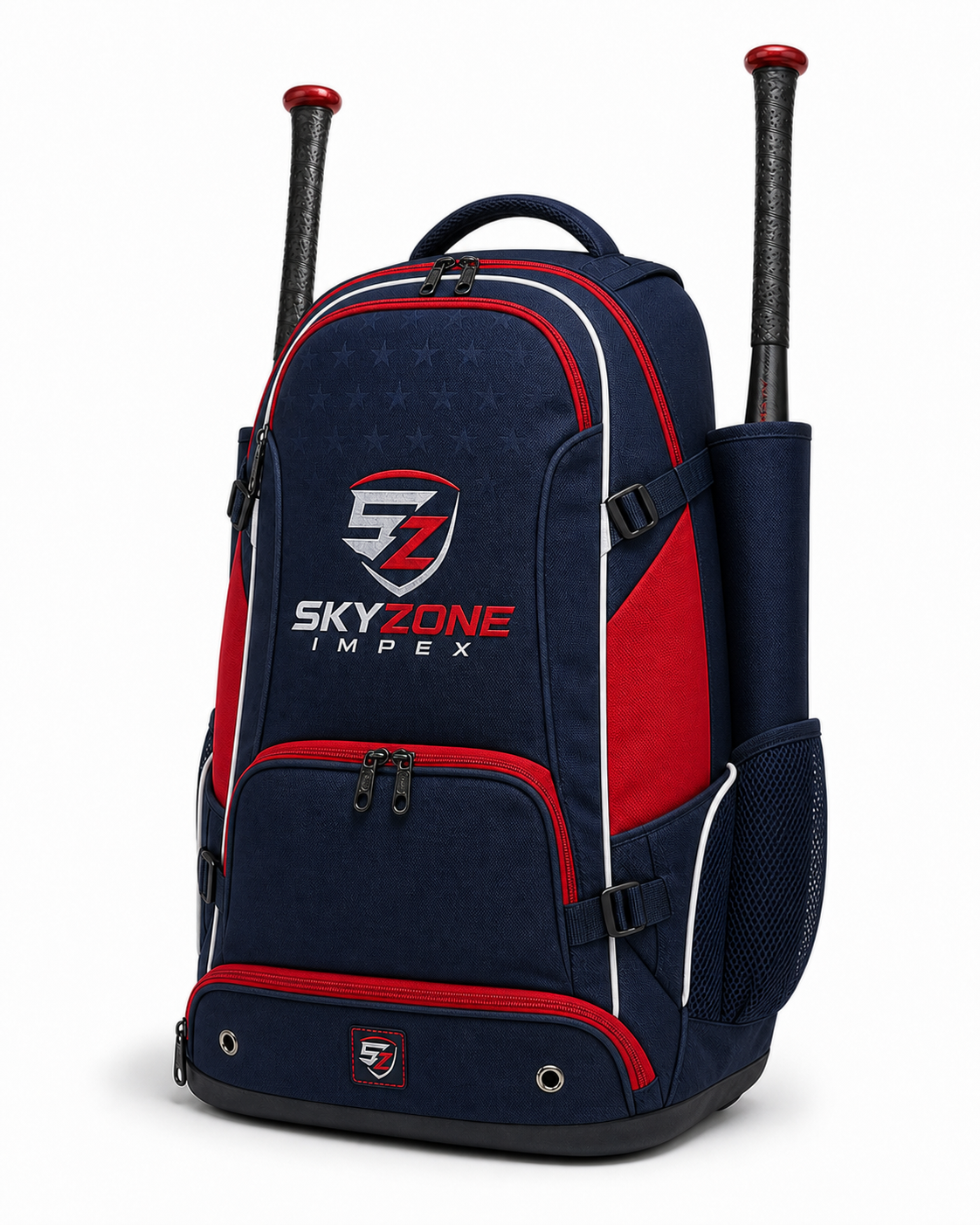 Three-quarter product view showing the depth and side construction of a custom baseball backpack