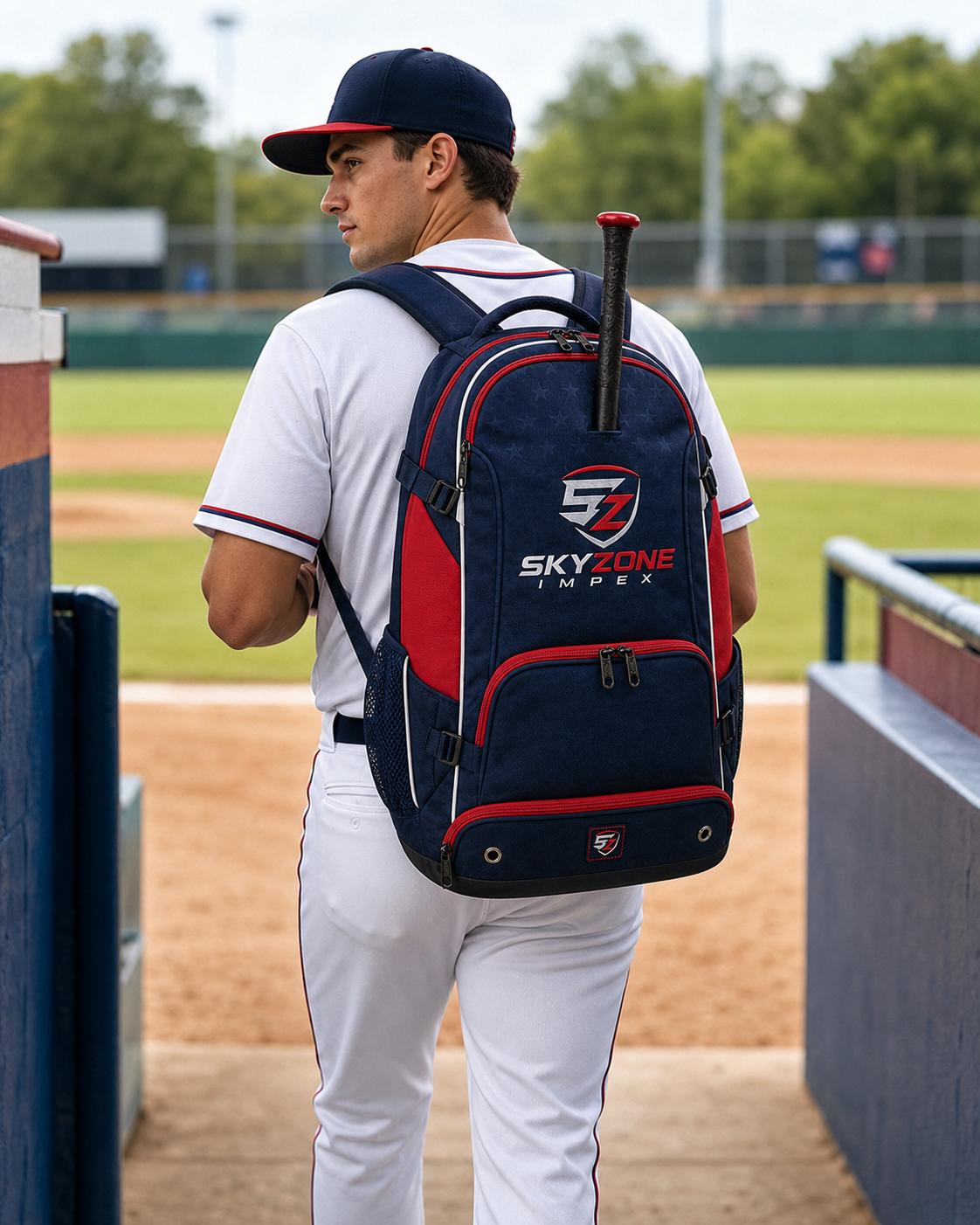 Baseball player carrying a custom team backpack with Sky Zone Impex branding