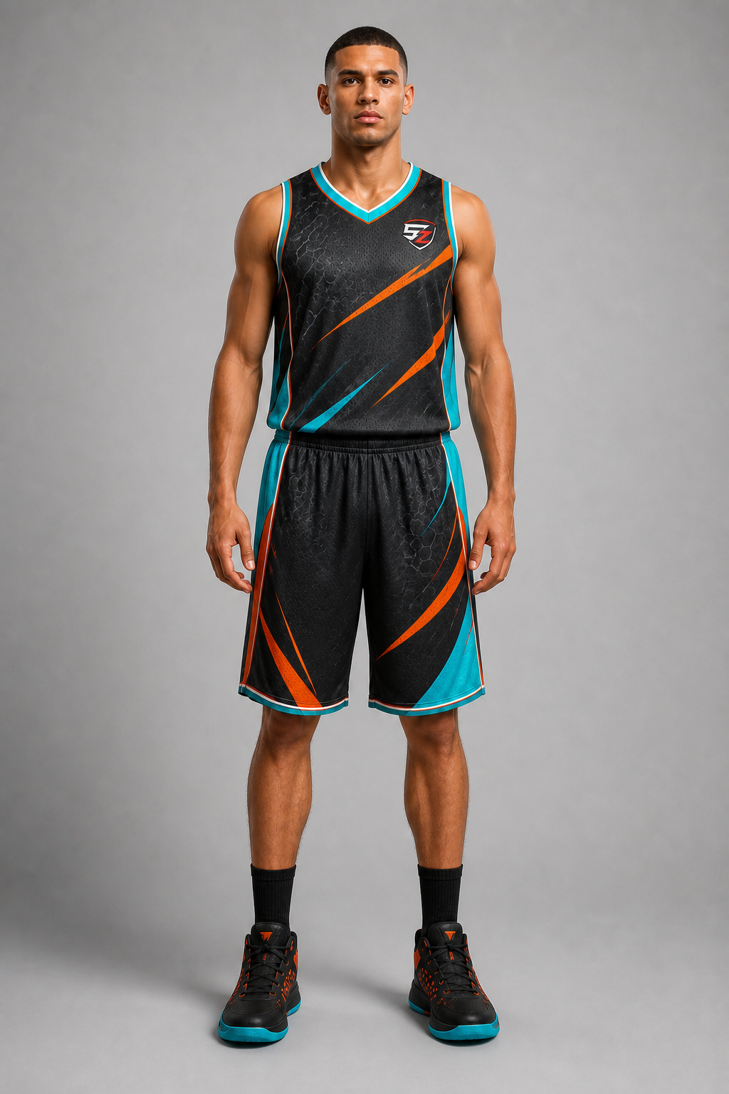 Custom Black Orange Aqua Basketball Uniform