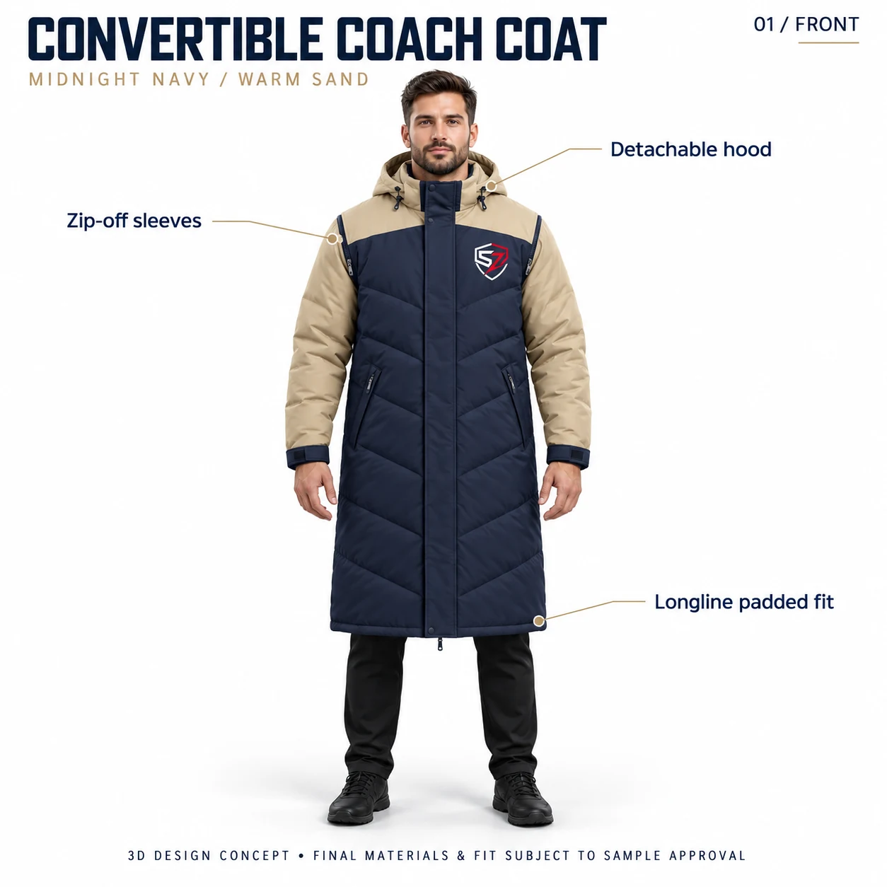 Custom Convertible Padded Coach Coat — Removable Sleeves & Hood