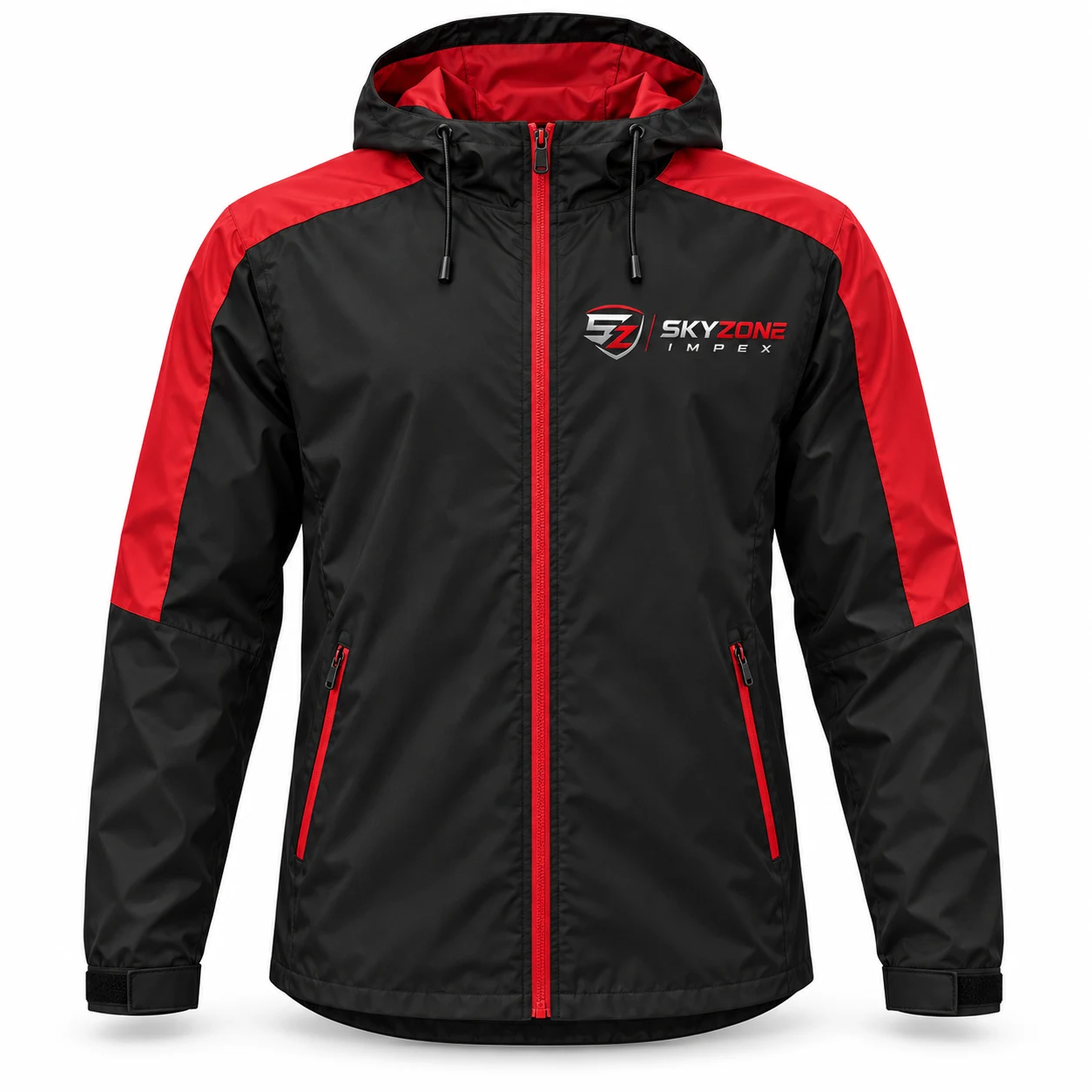 Front of black and red Skyzone Impex custom team windbreaker with hood and zipped pockets