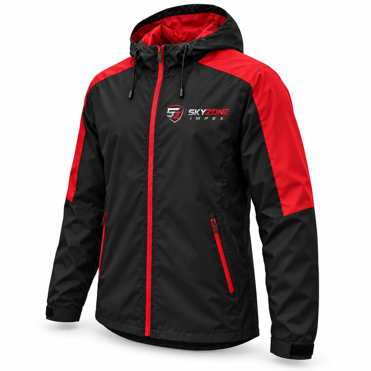 Three-quarter view of the Skyzone branded black and red hooded team jacket