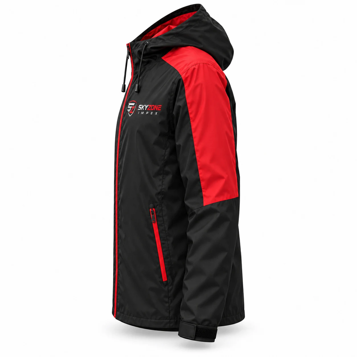 Side view of the black and red custom team windbreaker jacket