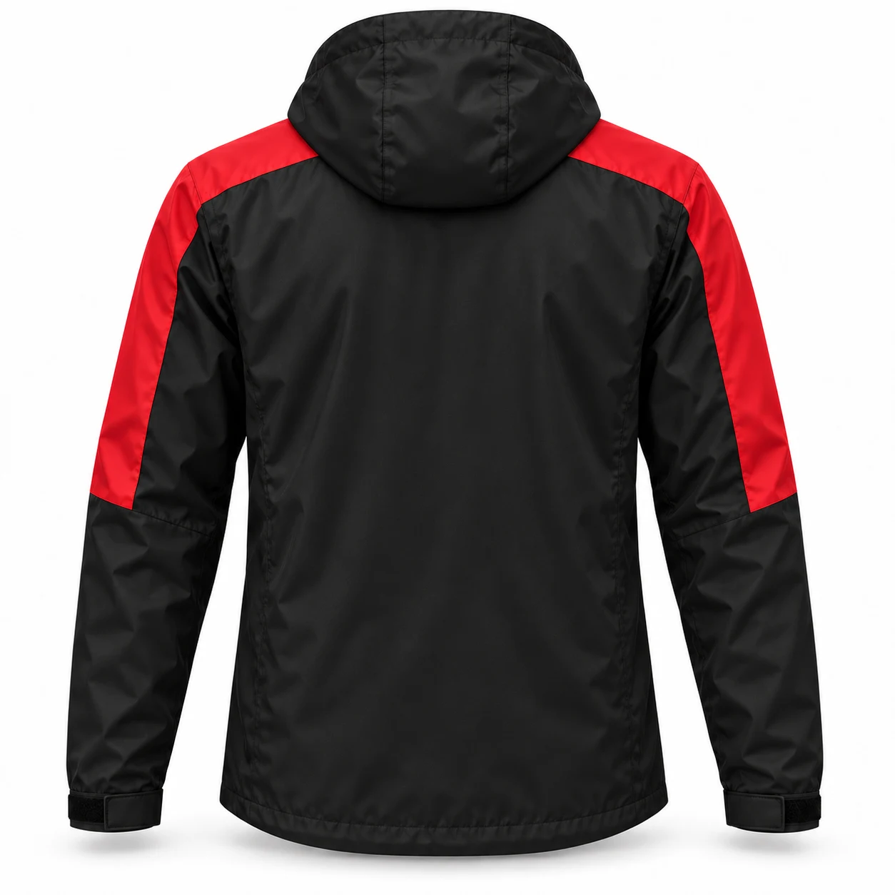 Plain back view of the black and red hooded team windbreaker
