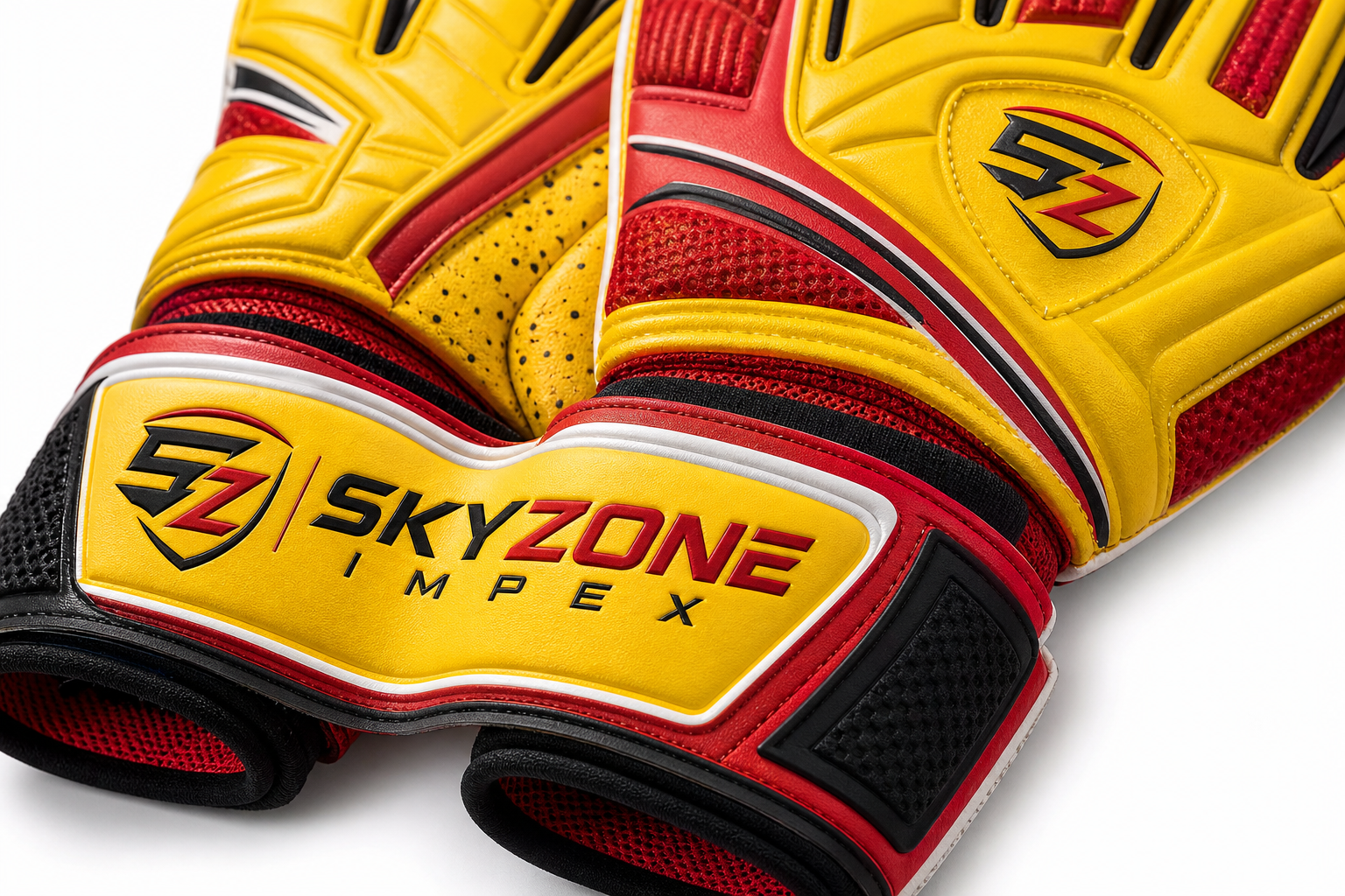 Close-up of custom goalkeeper gloves strap branding and stitching