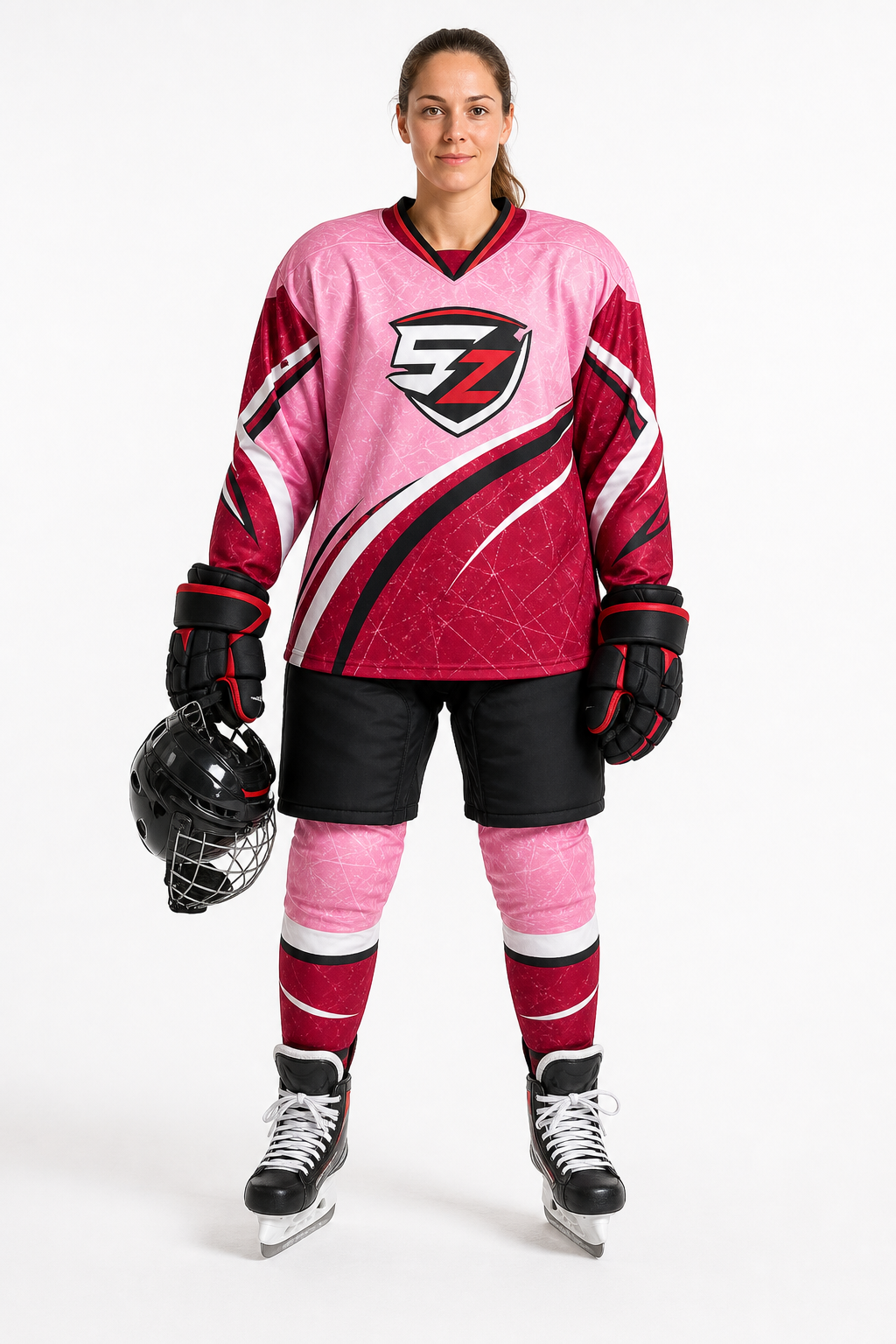 Ladies Pink Red Custom Ice Hockey Uniform Set