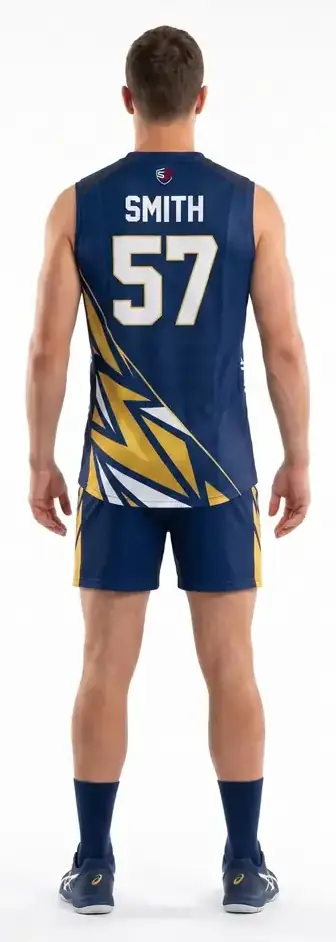 Custom indoor volleyball uniform with sublimated graphics and team branding