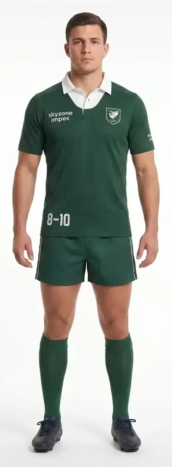 Custom OEM Mens Rugby Sevens Jersey 200gsm Polyester Pique Slim Fit Compression Rugby Shirt Green Heritage V-Yoke Team Uniform