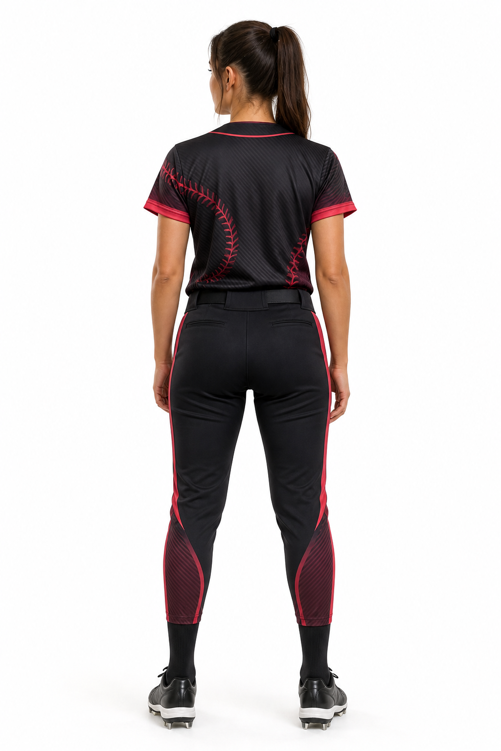 Back view of ladies black red pink sublimation baseball uniform with matching pants