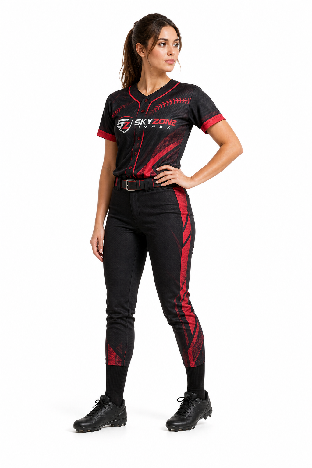 Front left angle of ladies black red pink sublimation baseball uniform