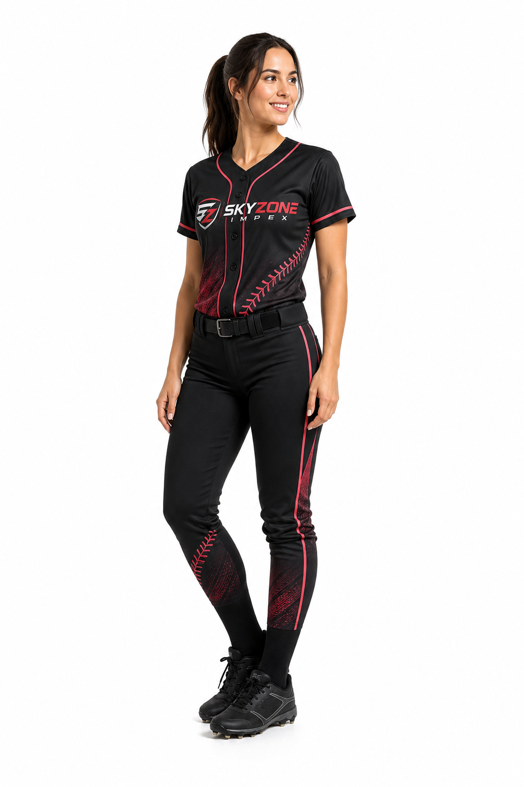 Front right angle of ladies black red pink custom baseball uniform with matching pants