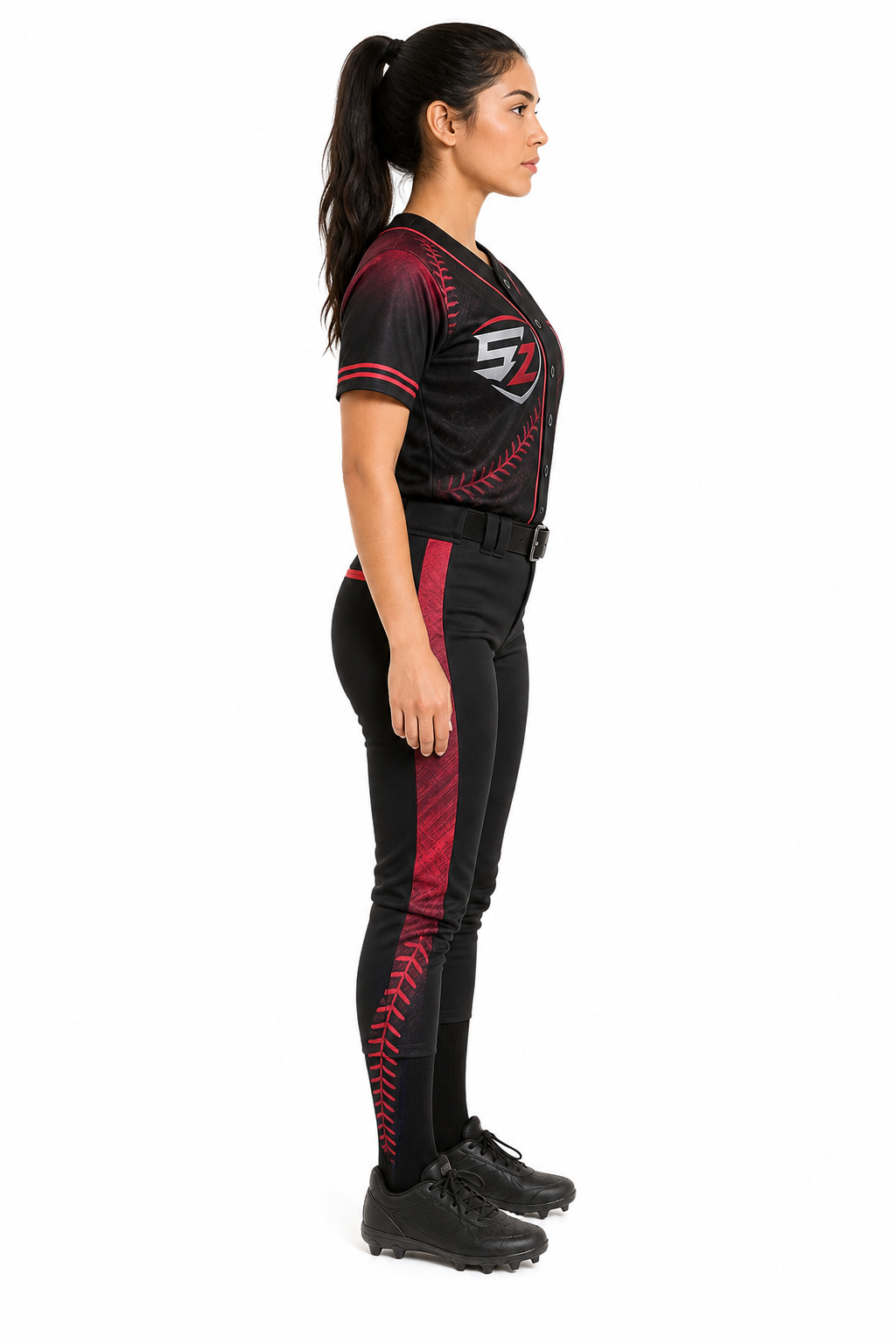 Side view of ladies black red pink baseball uniform showing matching pants panel design
