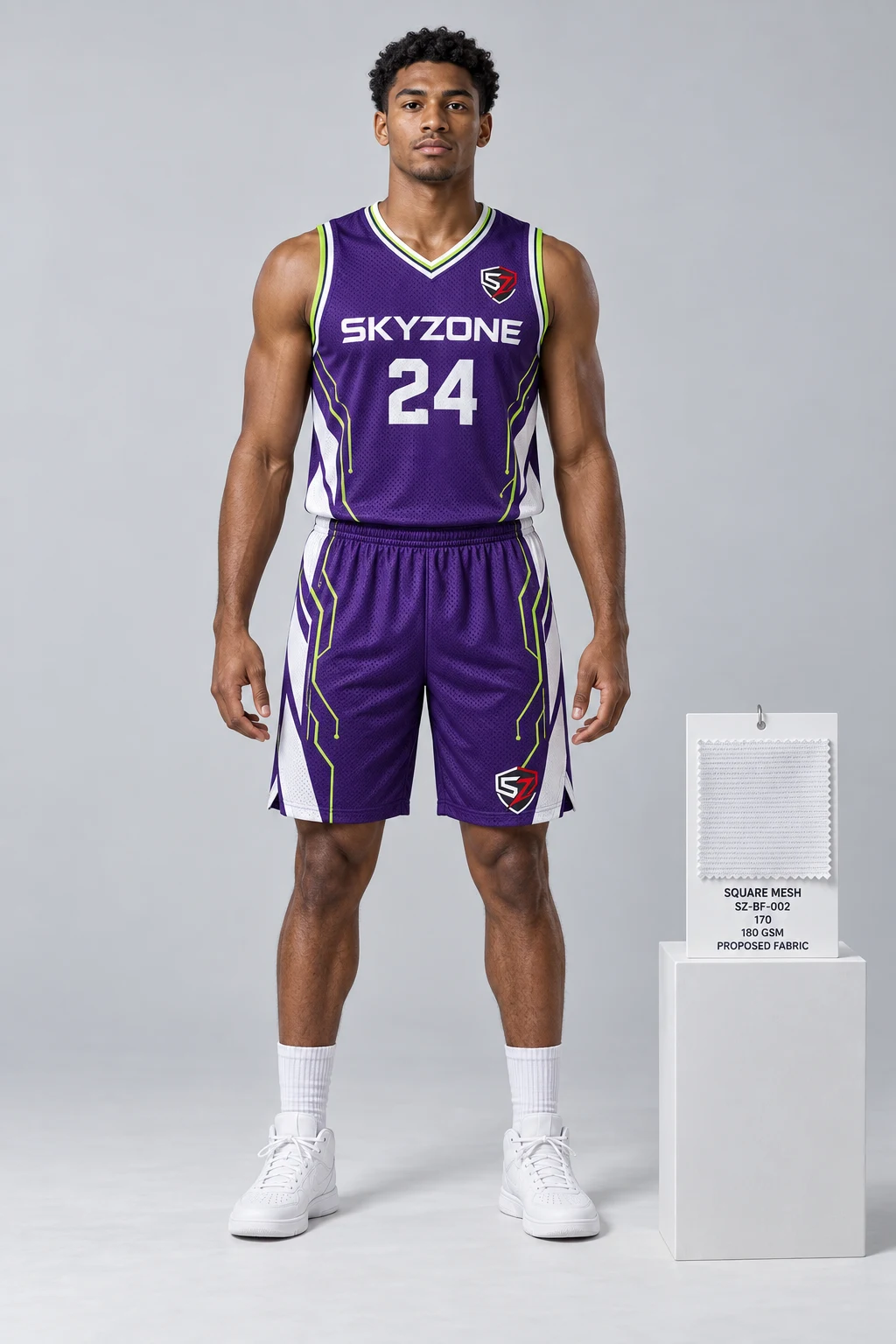 Skyzone-branded purple and lime custom basketball jersey and shorts mockup with proposed fabric swatch