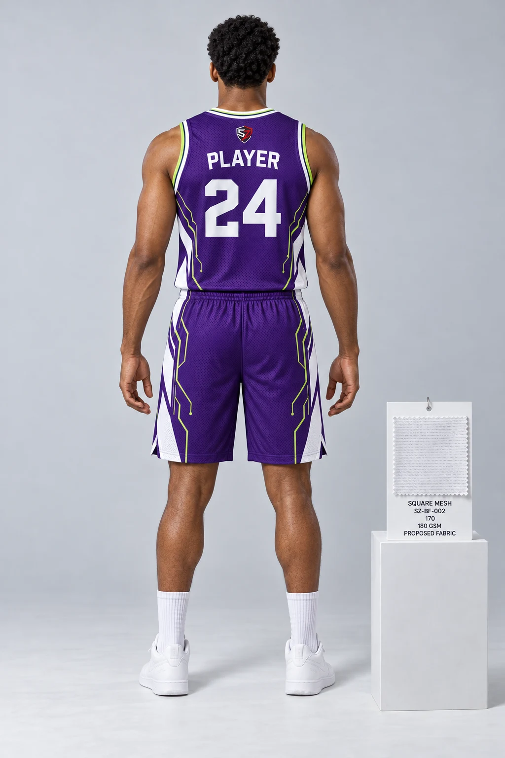 Back view of Skyzone custom basketball uniform mockup with player name and number placement