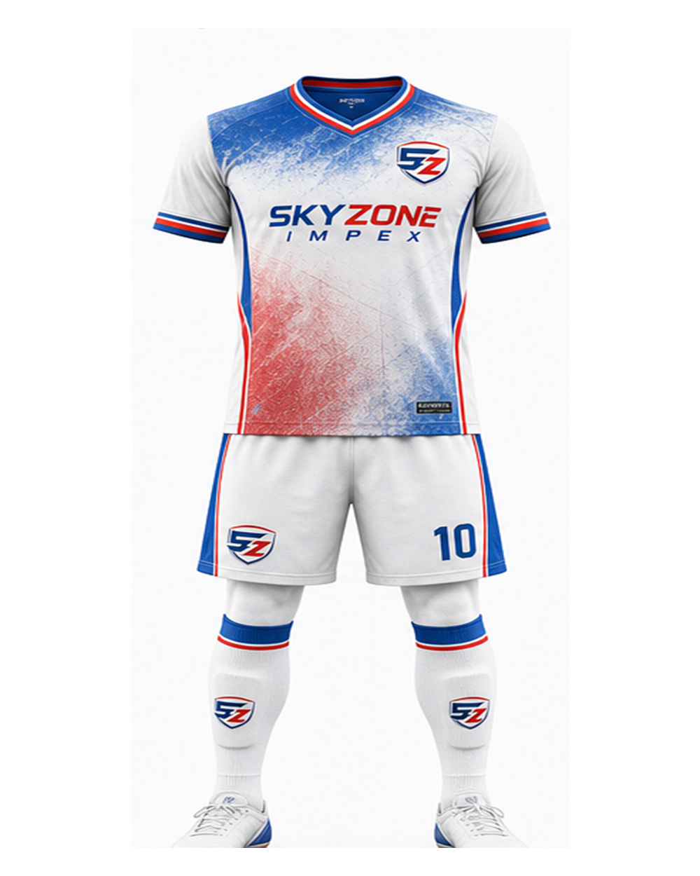 Faded Red White Blue Custom Soccer Kit Six Angle Mockup
