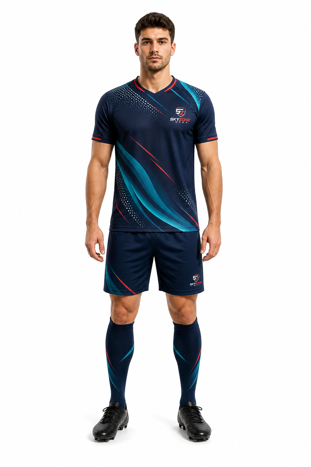 Elite Navy Teal Red Custom Soccer Uniform