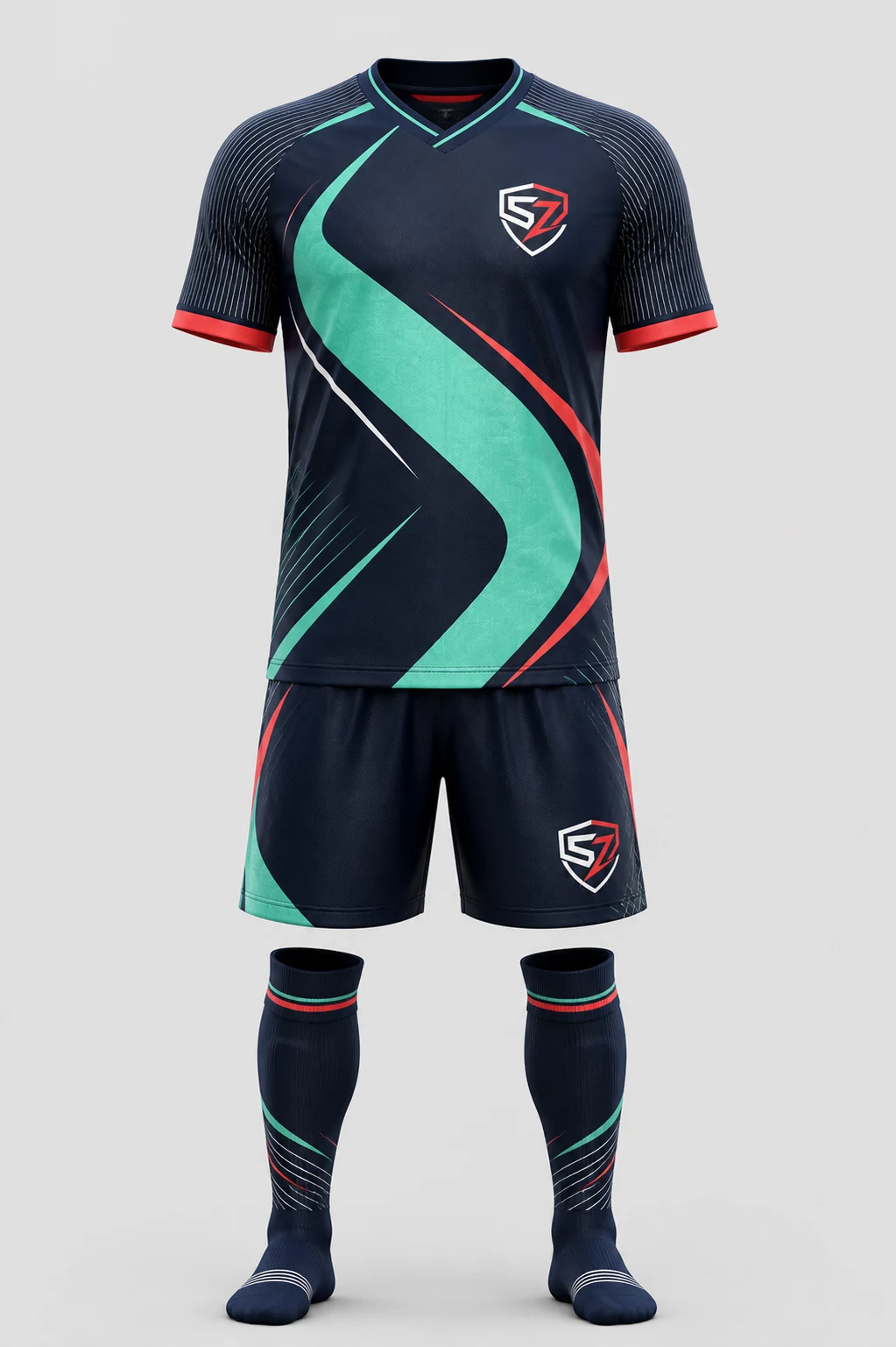 Front view of Midnight Mint Pro custom football shirt shorts and socks